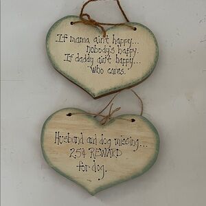 Vintage hand painted humorous wooden heart wall plaques   Green and cream